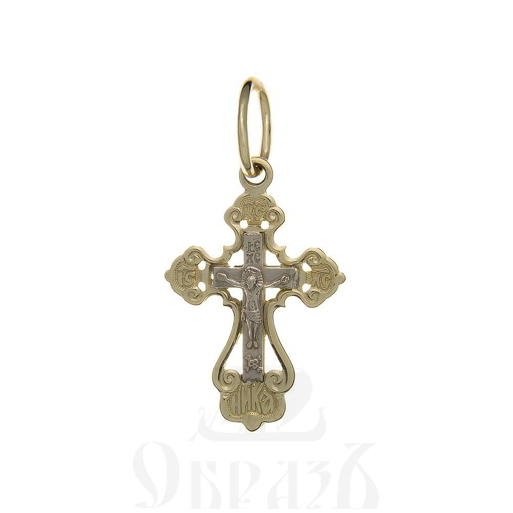 золотой крест трилистник с молитвой "спаси и сохрани", 585 проба желтого и белого цвета (арт. п10129-з5жб)
